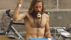 Tramp With A Bunch Of Junk Stuff Into A Drum